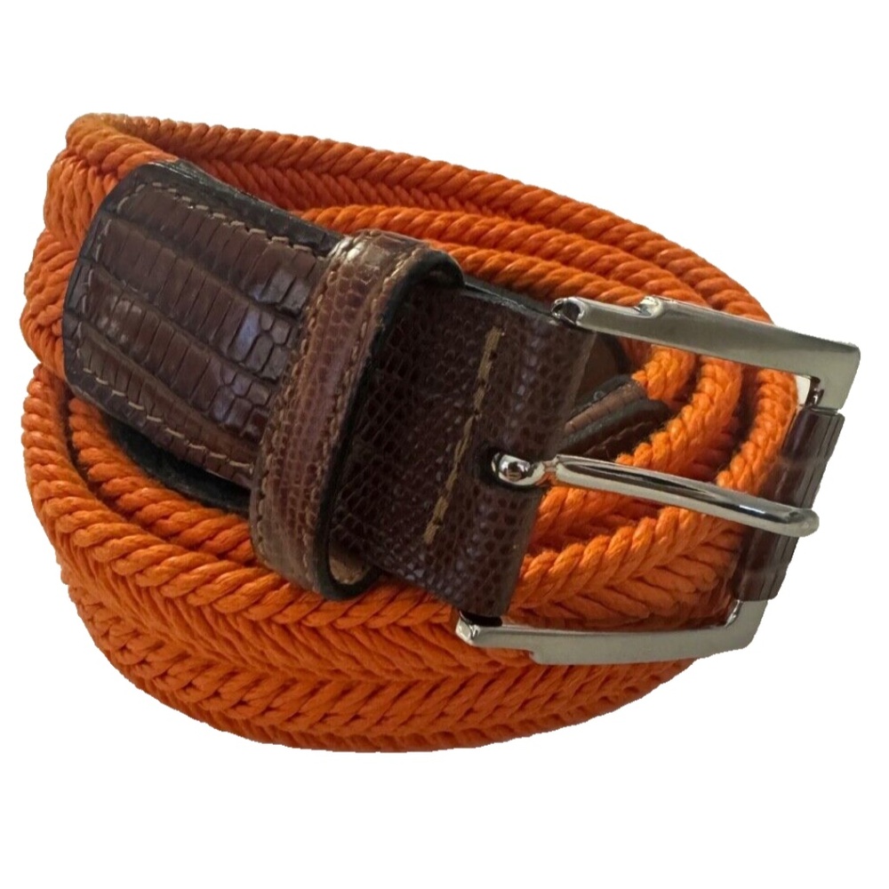 Trafalgar Men's Woven Braided Orange Tan Lizard Emboss Leather Belt Brass 36 USA